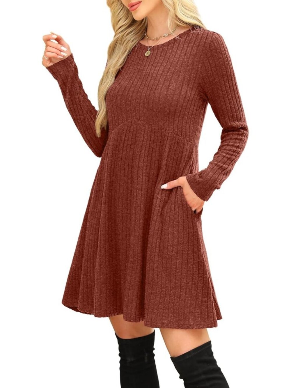Women's Caramel Long Sleeve Comfort Crew Neck Empire Waist Tunic Mini Dress - Picture 4 of 5